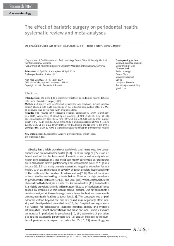 (PDF) The effect of bariatric surgery on periodontal health: systematic ...