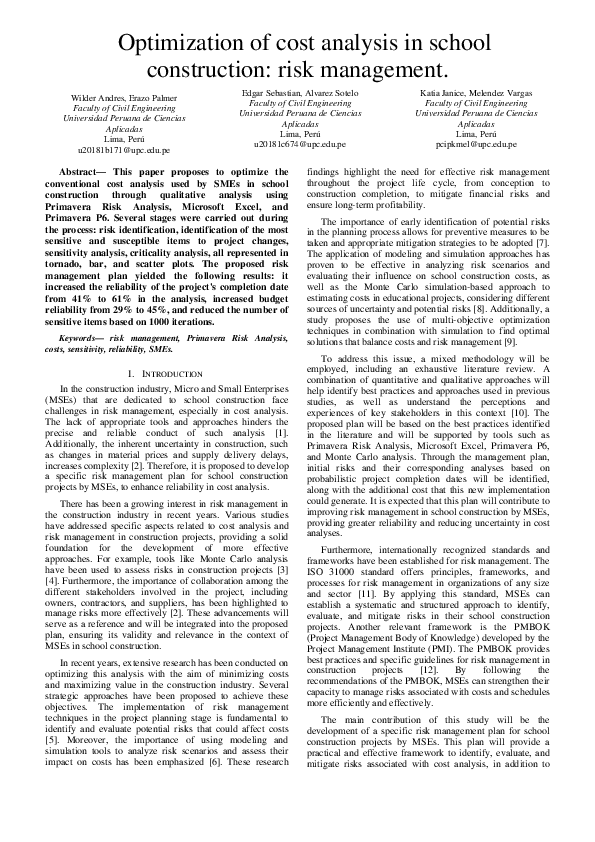 (PDF) Optimization of cost analysis in school construction: risk management