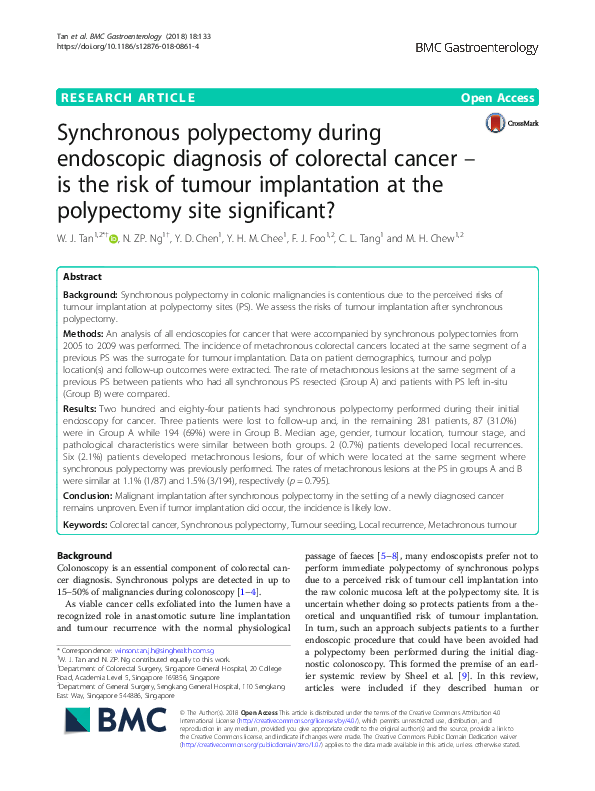 (PDF) Synchronous polypectomy during endoscopic diagnosis of colorectal ...