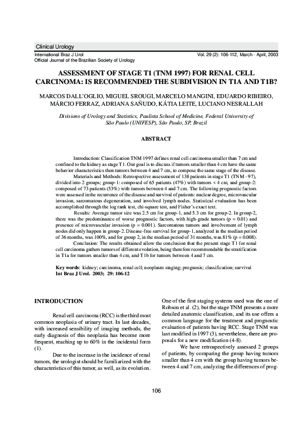 (PDF) Assessment of stage T1 (TNM 1997) for renal cell carcinoma: is ...