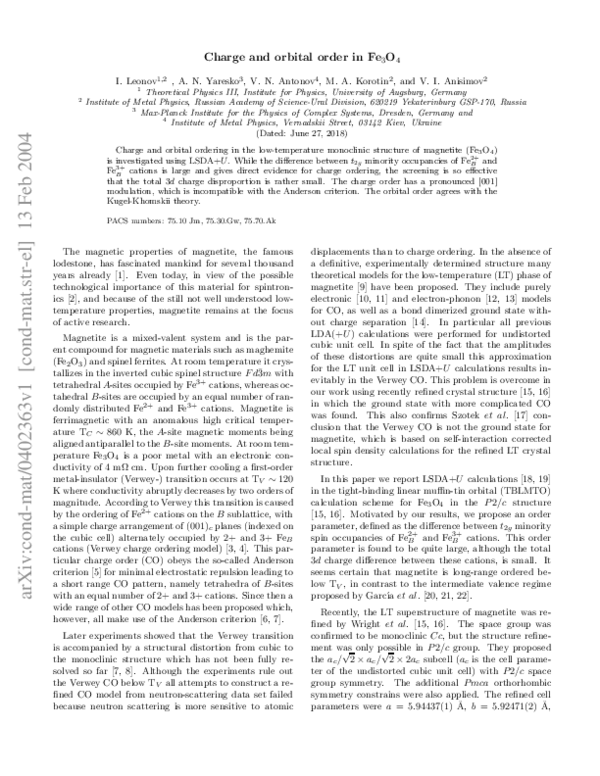 (PDF) Charge and orbital order in Fe3O4
