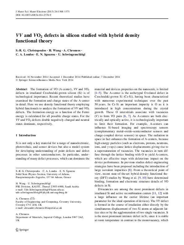 (PDF) VV and VO2 defects in silicon studied with hybrid density ...