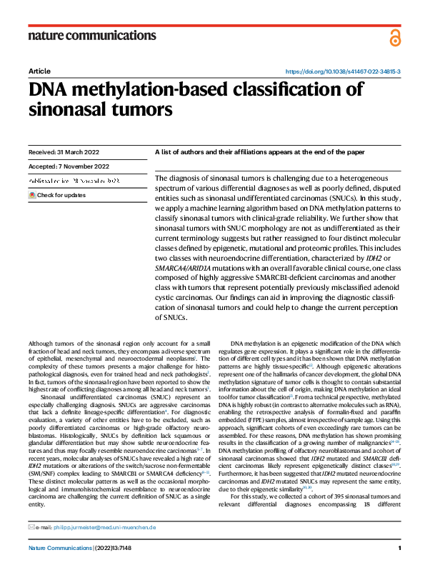 (PDF) DNA methylation-based classification of sinonasal tumors