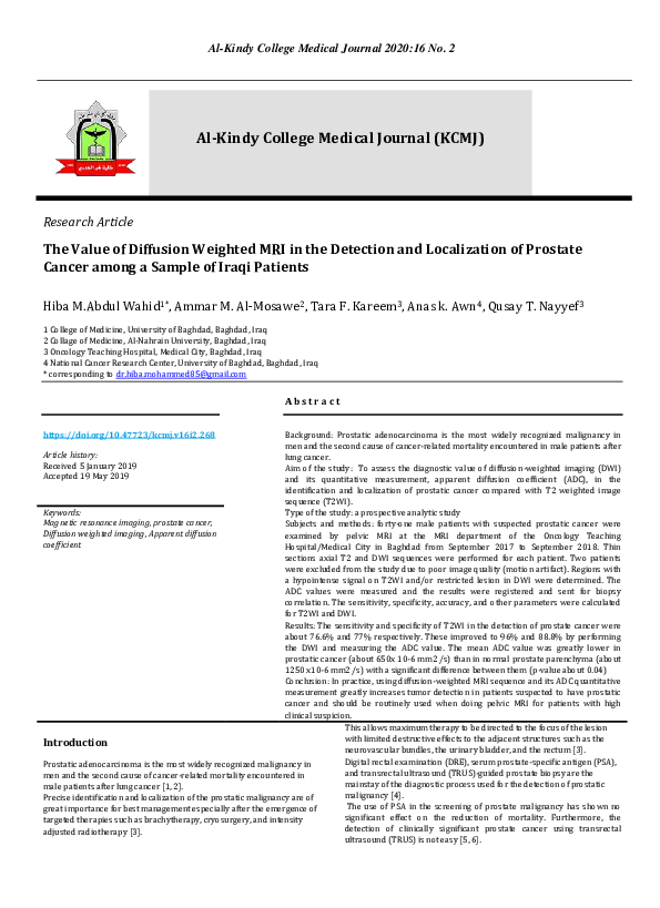 (PDF) The Value of Diffusion Weighted MRI in the Detection and ...