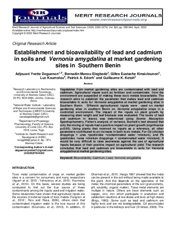 (PDF) Establishment and bioavailability of lead and cadmium in soils ...