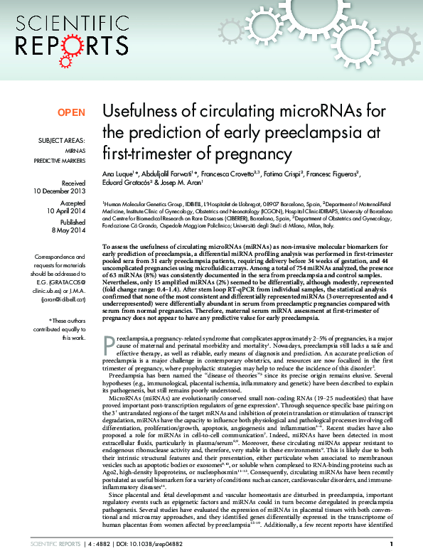 (PDF) Usefulness of circulating microRNAs for the prediction of early ...