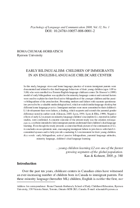 (PDF) Early bilingualism: children of immigrants in an English-language ...