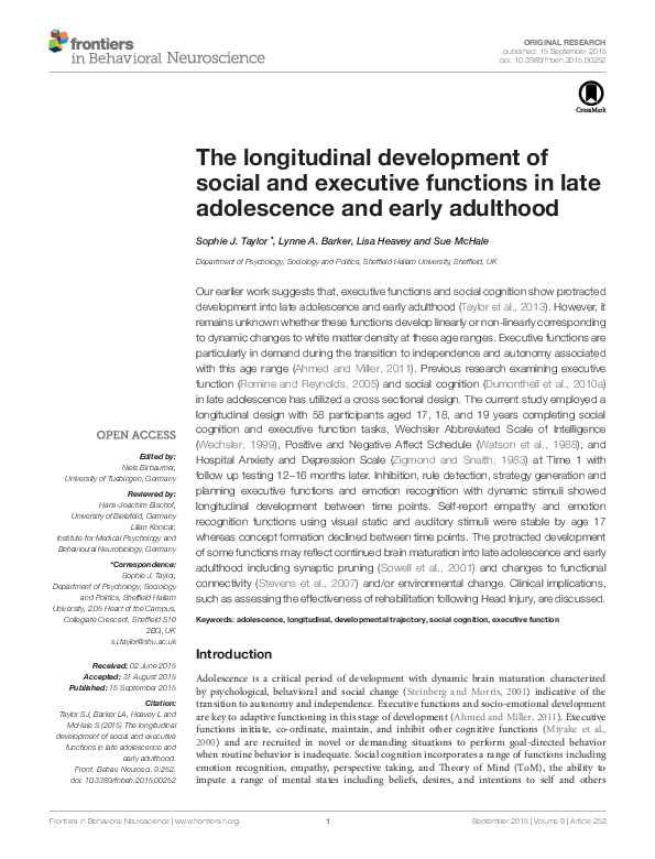 (PDF) The longitudinal development of social and executive functions in ...