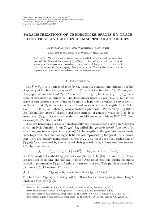(PDF) Parametrizations of Teichmüller spaces by trace functions and ...