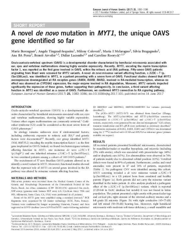 (PDF) A novel de novo mutation in MYT1, the unique OAVS gene identified ...
