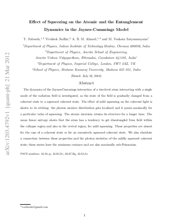 (PDF) Effect of Squeezing on the Atomic and the Entanglement Dynamics ...