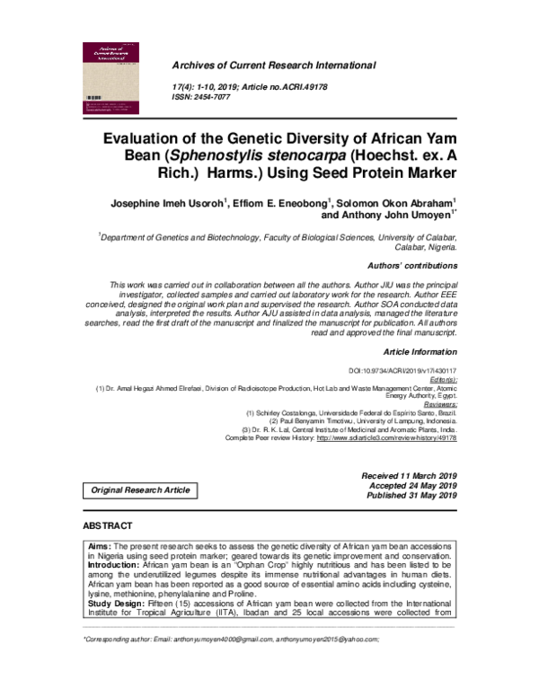 (PDF) Evaluation of the Genetic Diversity of African Yam Bean ...