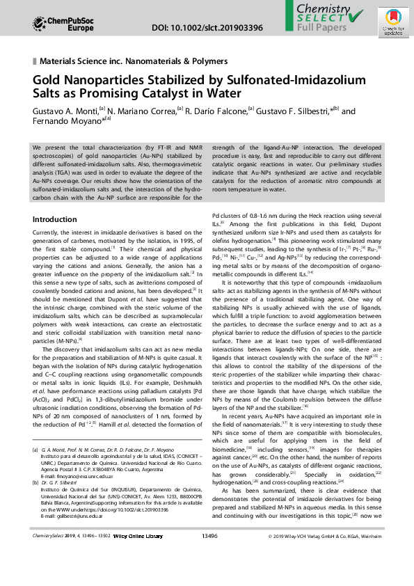 (PDF) Gold Nanoparticles Stabilized by Sulfonated‐Imidazolium Salts as ...