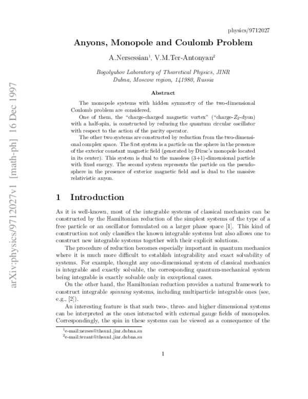 (PDF) Anyons, monopole and Coulomb problem