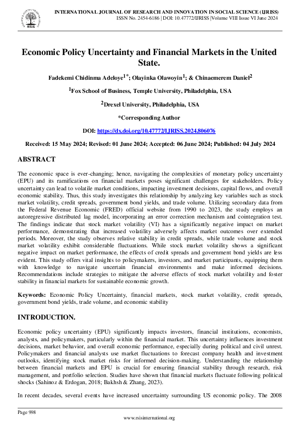 (PDF) Economic Policy Uncertainty and Financial Markets in the United State