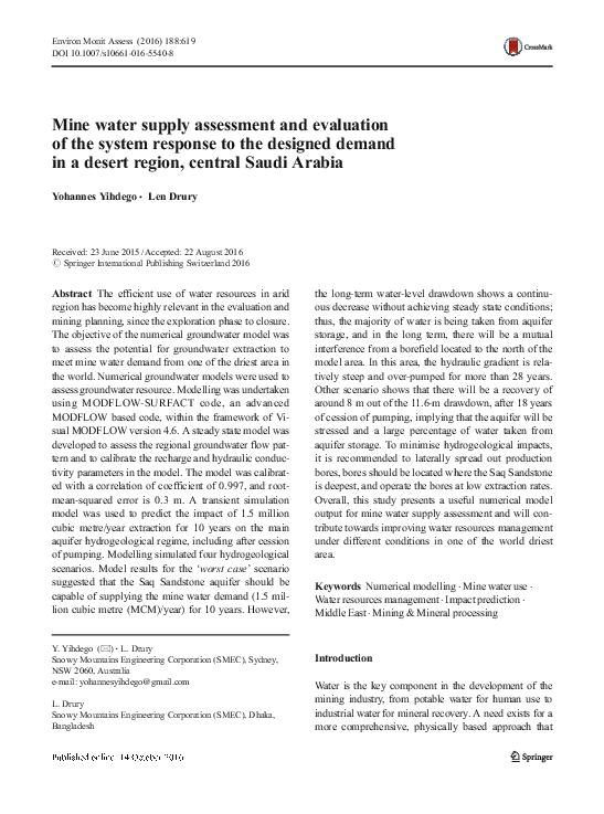(PDF) Mine water supply assessment and evaluation of the system ...