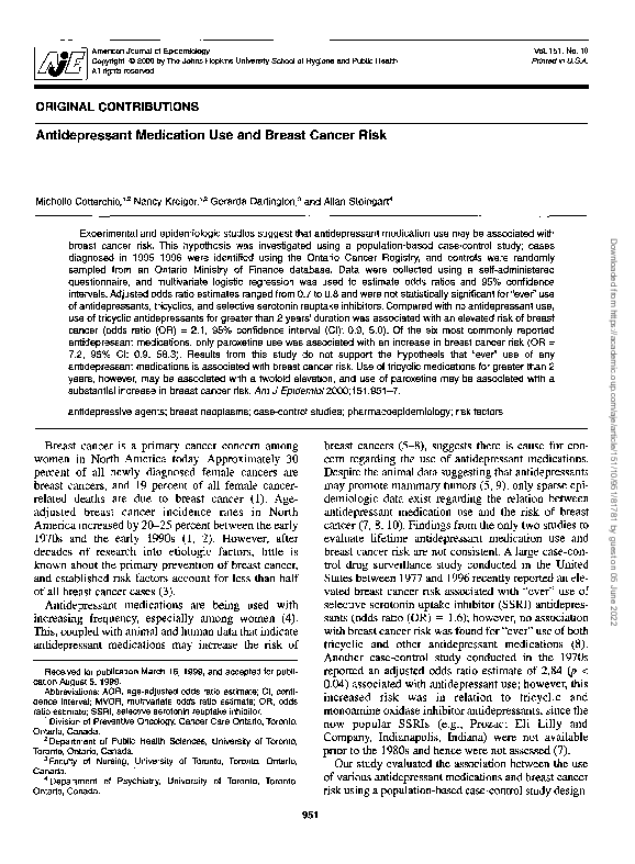 (PDF) Antidepressant Medication Use and Breast Cancer Risk