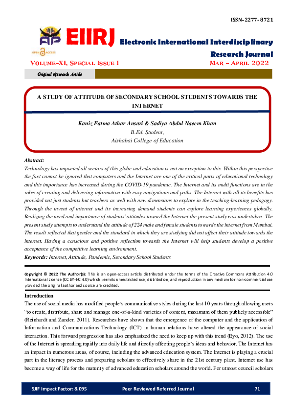 (PDF) A Study of Attitude of Secondary School Students Towards the Internet