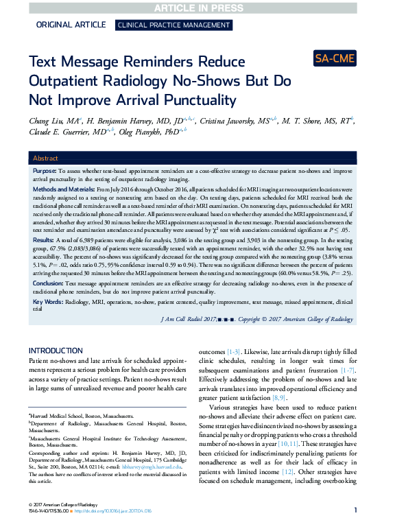 (PDF) Text Message Reminders Reduce Outpatient Radiology No-Shows But ...