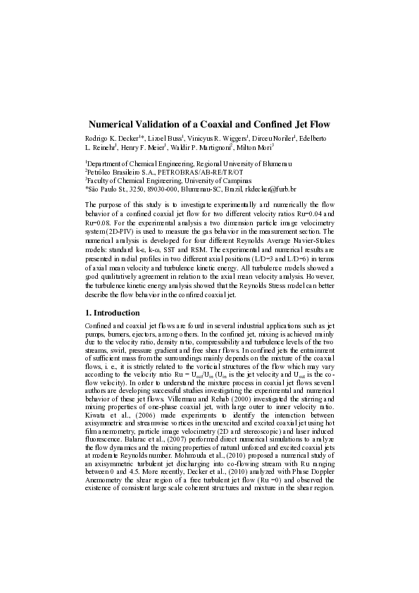 (PDF) Numerical Validation of a Coaxial and Confined Jet Flow