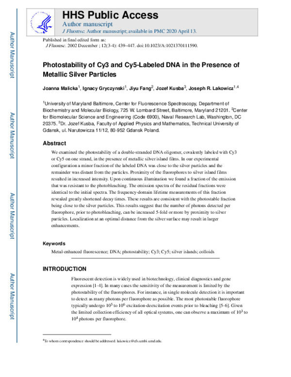 (PDF) Photostability of Cy3 and Cy5-Labeled DNA in the Presence of ...