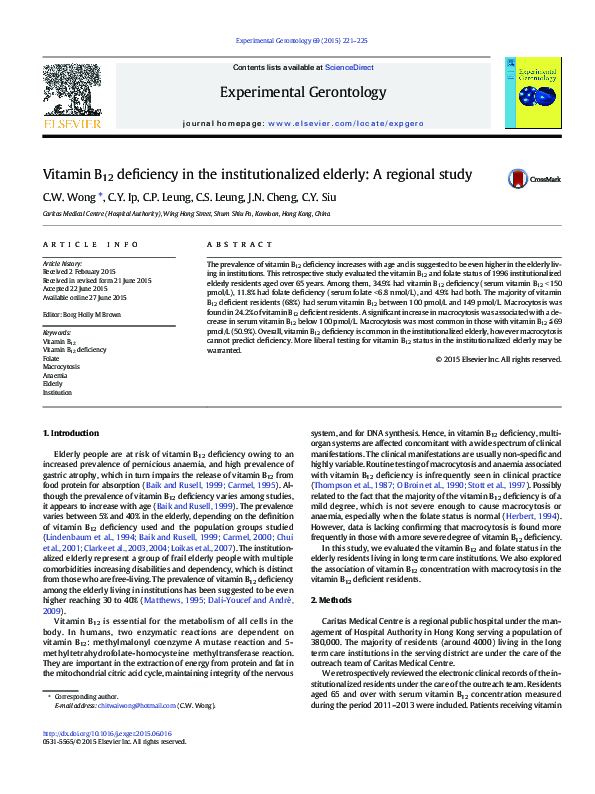 (PDF) Vitamin B12 deficiency in the institutionalized elderly: A ...