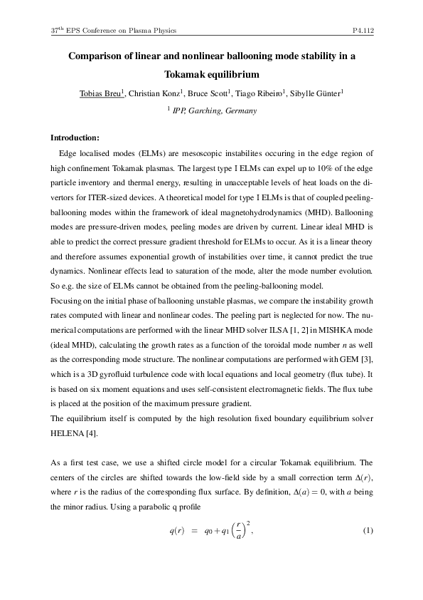 (PDF) Comparison of linear and nonlinear ballooning mode stability in a ...