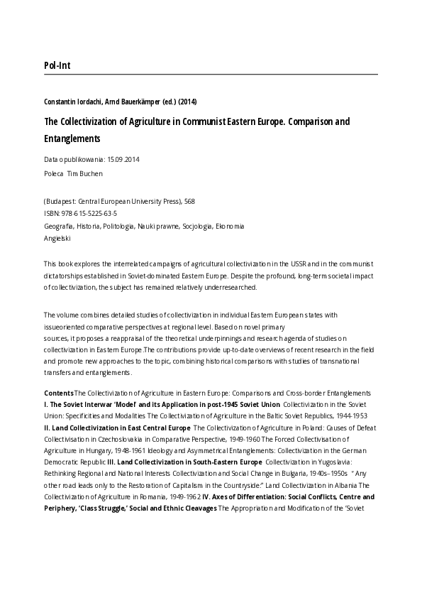 (PDF) The Collectivization of agriculture in communist Eastern Europe ...