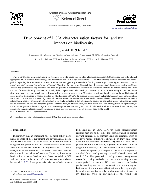 (PDF) Development of LCIA characterisation factors for land use impacts ...