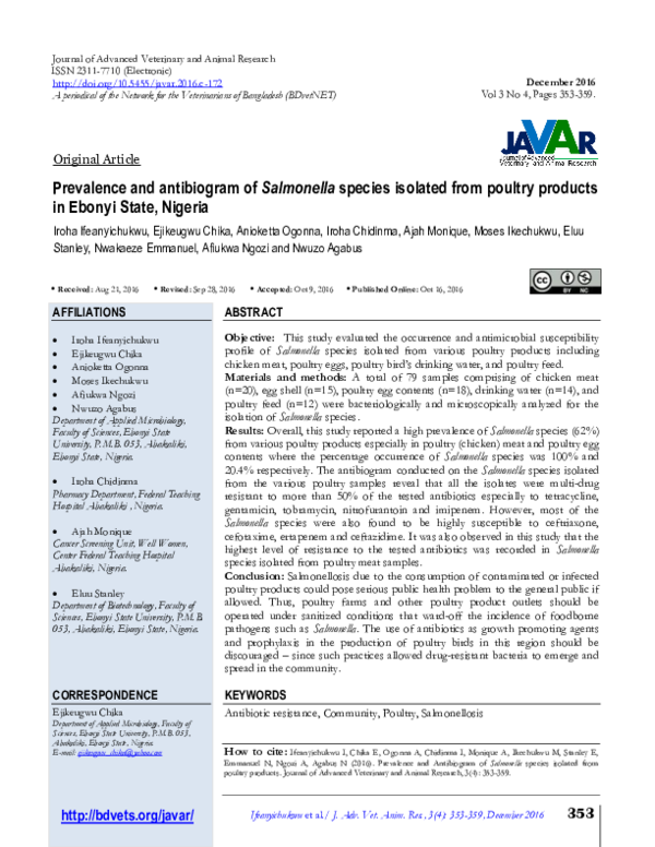 (PDF) Prevalence and antibiogram of Salmonella species isolated from ...