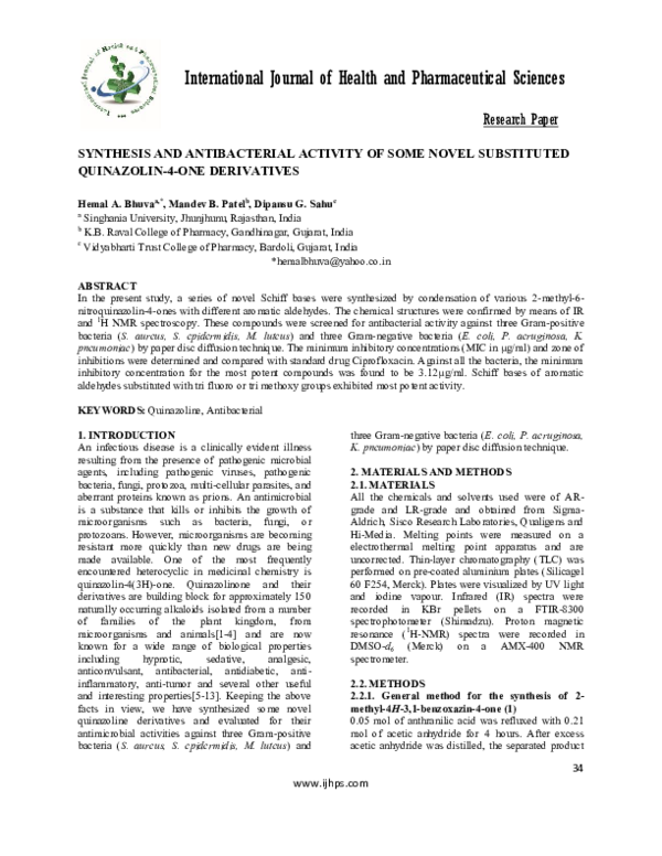 (PDF) SYNTHESIS AND ANTIBACTERIAL ACTIVITY OF SOME NOVEL SUBSTITUTED ...