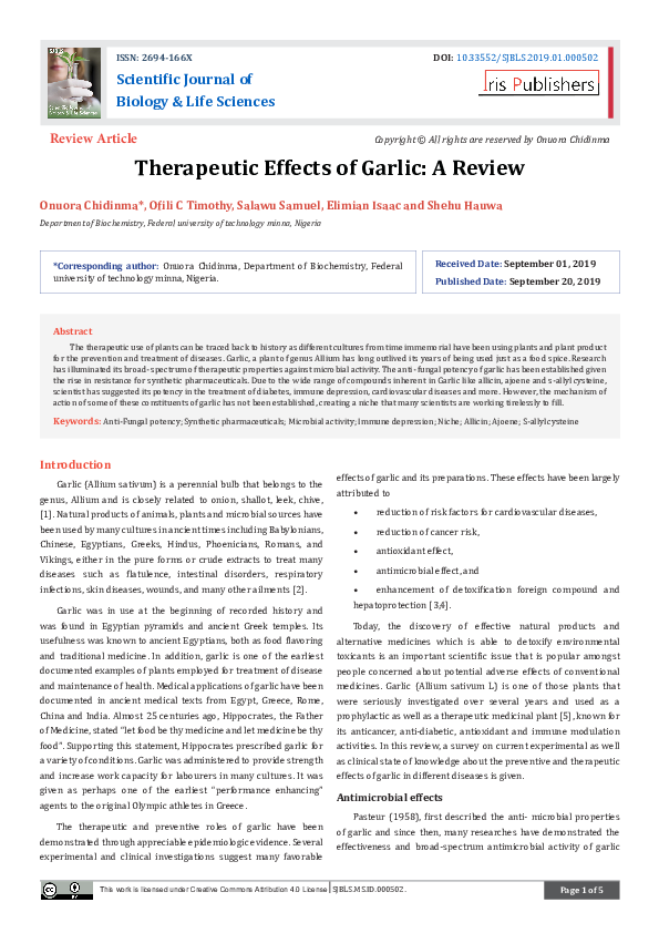 (PDF) Therapeutic Effects of Garlic: A Review