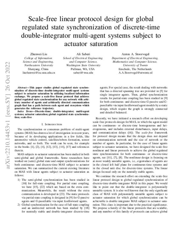(PDF) Scale-free linear protocol design for global regulated state ...