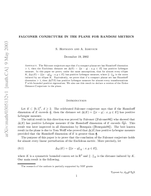 (PDF) Falconer conjecture in the plane for random metrics