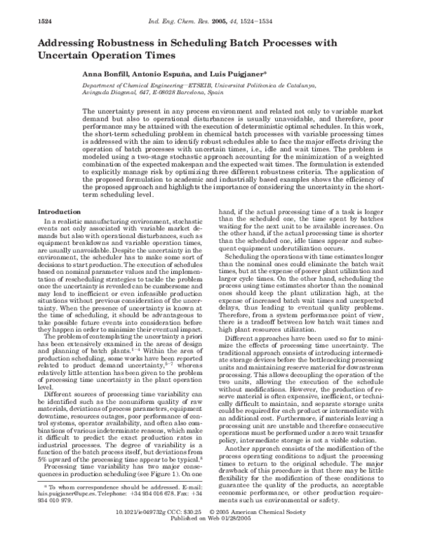 (PDF) Addressing Robustness in Scheduling Batch Processes with ...