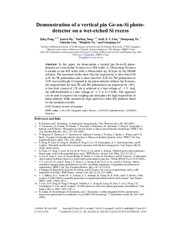 (PDF) Demonstration of a vertical pin Ge-on-Si photo-detector on a wet ...