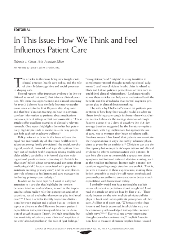 (PDF) In This Issue: How We Think and Feel Influences Patient Care