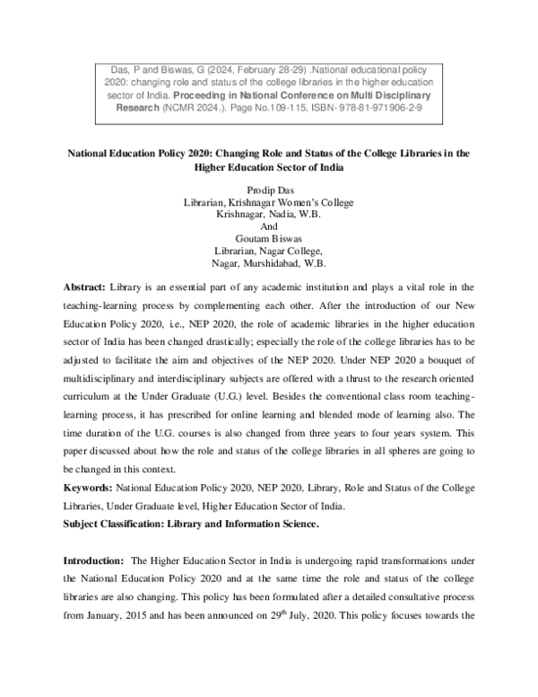 (PDF) National Education Policy 2020: Changing Role and Status of the ...