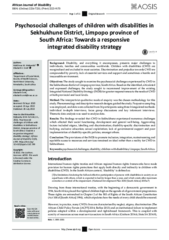 (PDF) Psychosocial challenges of children with disabilities in ...