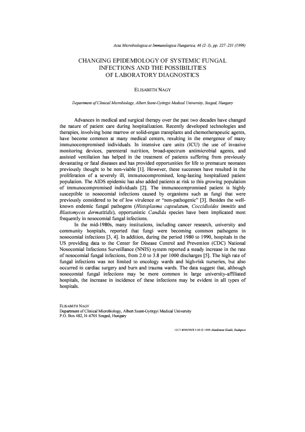(PDF) Changing Epidemiology of Systemic Fungal Infections and the ...