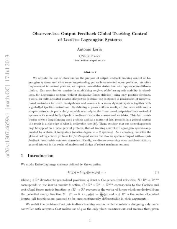 (PDF) Observer-less Output Feedback Global Tracking Control of Lossless ...
