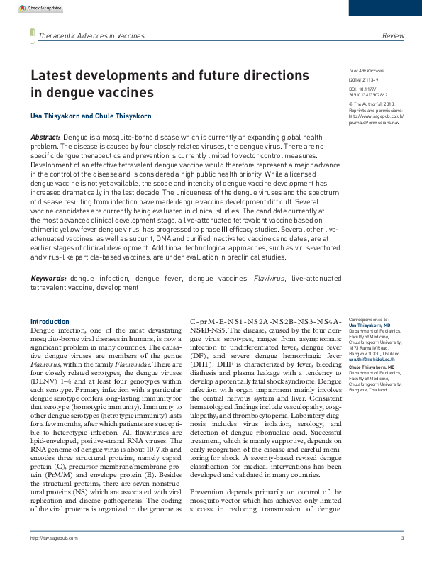 (PDF) Latest developments and future directions in dengue vaccines