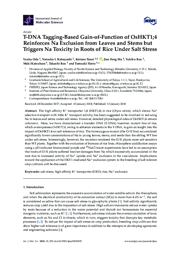 (PDF) T-DNA Tagging-Based Gain-of-Function of OsHKT1;4 Reinforces Na ...
