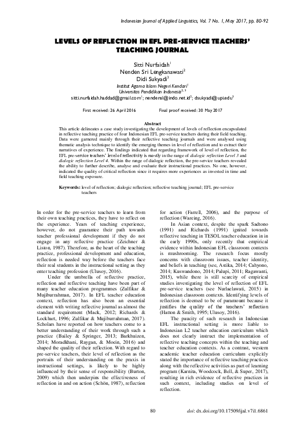 (PDF) Levels of Reflection in Efl Pre-Service Teachers’ Teaching Journal