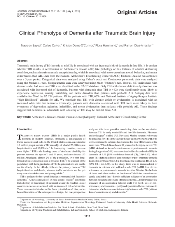 (PDF) Clinical Phenotype of Dementia after Traumatic Brain Injury