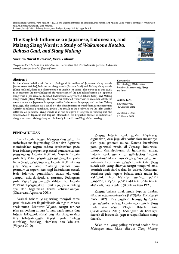 (PDF) The English Influence on Japanese, Indonesian and Malang Slang ...