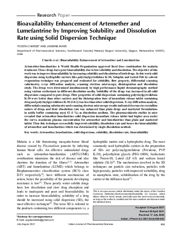 (PDF) Bioavailability Enhancement of Artemether and Lumefantrine by ...