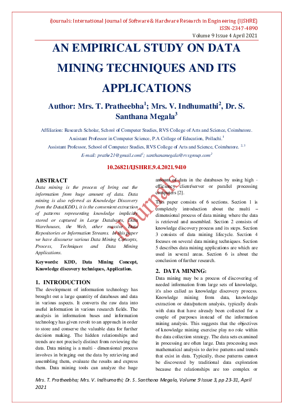 (PDF) An Empirical Study on Data Mining Techniques and Its Applications