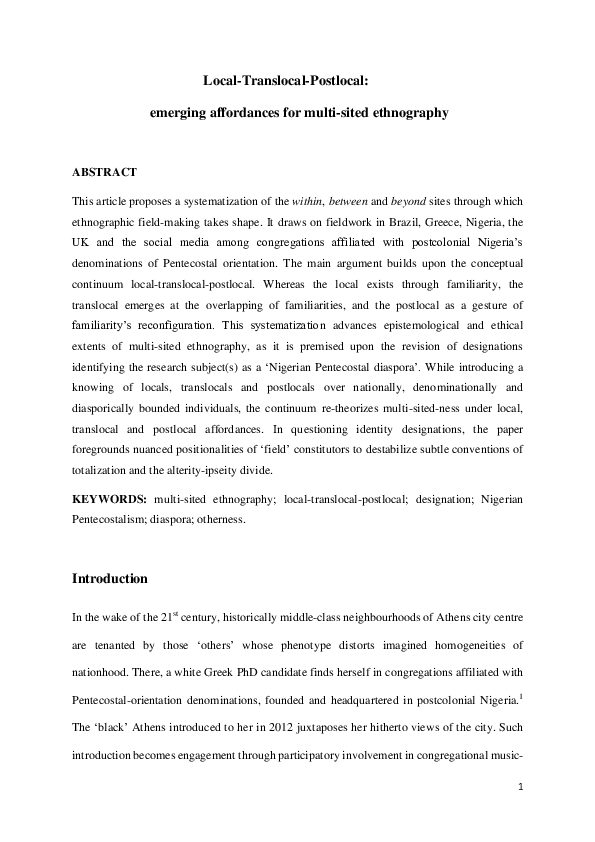 (PDF) Local-translocal-postlocal: Emerging affordances for multi-sited ...