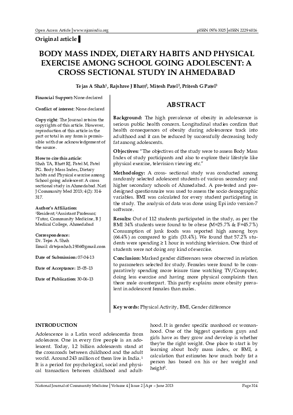(PDF) BODY MASS INDEX, DIETARY HABITS AND PHYSICAL EXERCISE AMONG ...